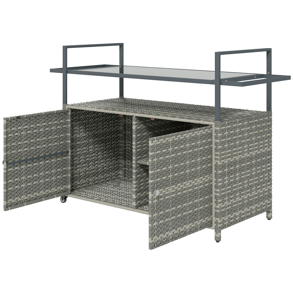 2-Tier Shelf PE Rattan Outdoor Bar Table, Glass Top Outdoor Serving Cart with Cabinet