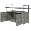 2-Tier Shelf PE Rattan Outdoor Bar Table, Glass Top Outdoor Serving Cart with Cabinet