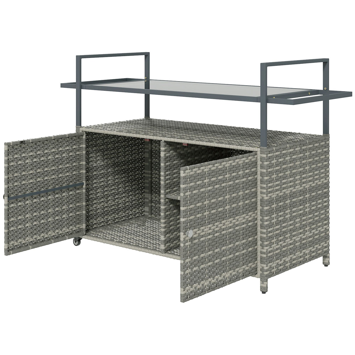 2-Tier Shelf PE Rattan Outdoor Bar Table, Glass Top Outdoor Serving Cart with Cabinet