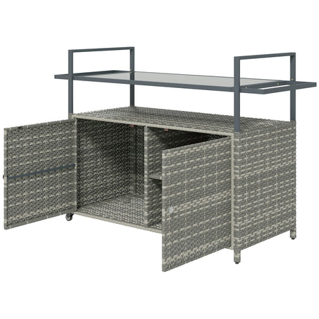 2-Tier Shelf PE Rattan Outdoor Bar Table, Glass Top Outdoor Serving Cart with Cabinet