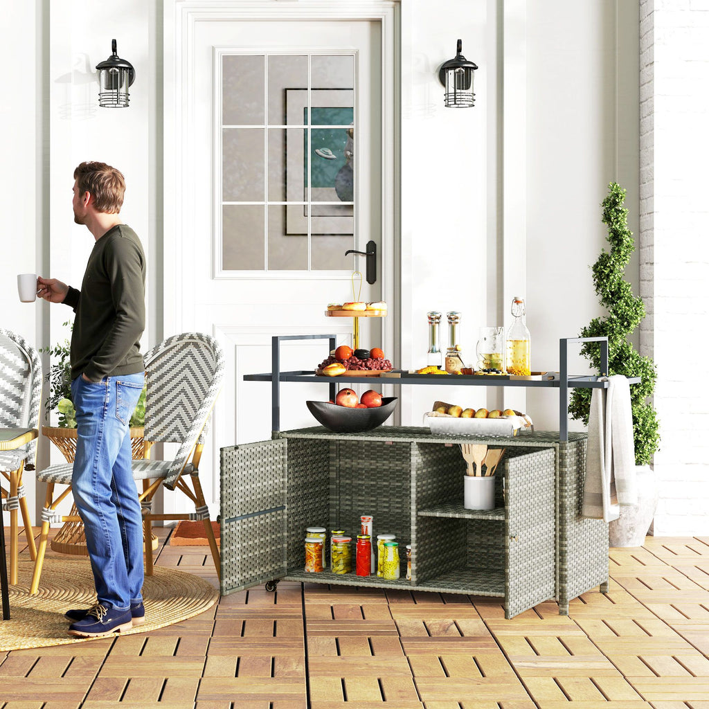 2-Tier Shelf PE Rattan Outdoor Bar Table, Glass Top Outdoor Serving Cart with Cabinet