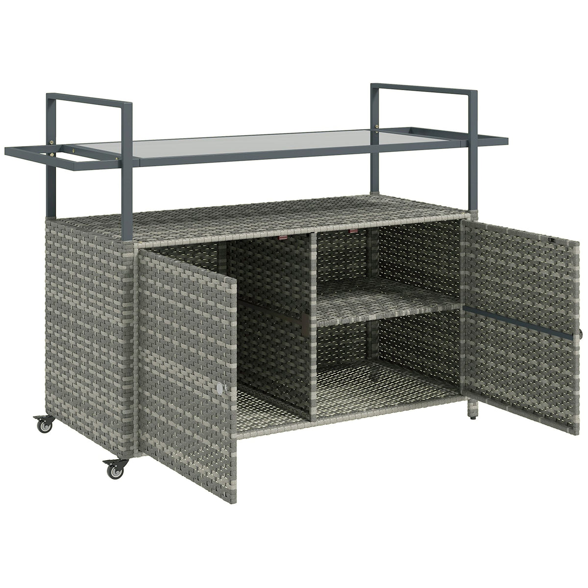 2-Tier Shelf PE Rattan Outdoor Bar Table, Glass Top Outdoor Serving Cart with Cabinet