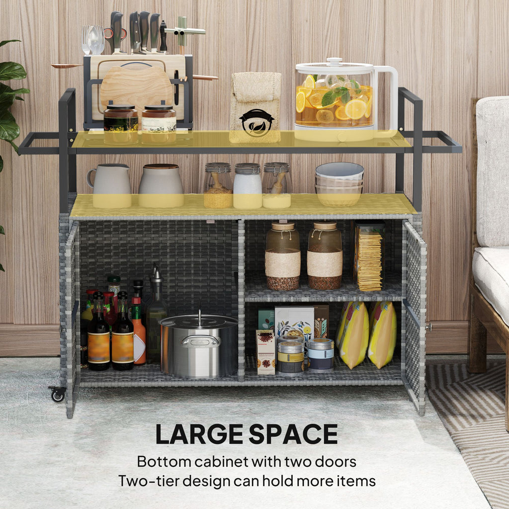 2-Tier Shelf PE Rattan Outdoor Bar Table, Glass Top Outdoor Serving Cart with Cabinet