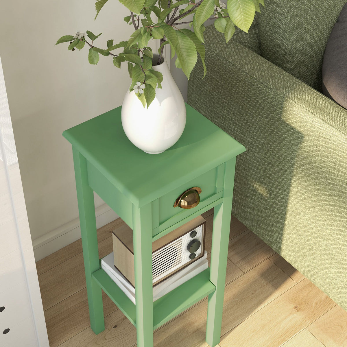 2-Tier Side Table with Drawer and Shelf, End Table for Living Room and Hallway, Green