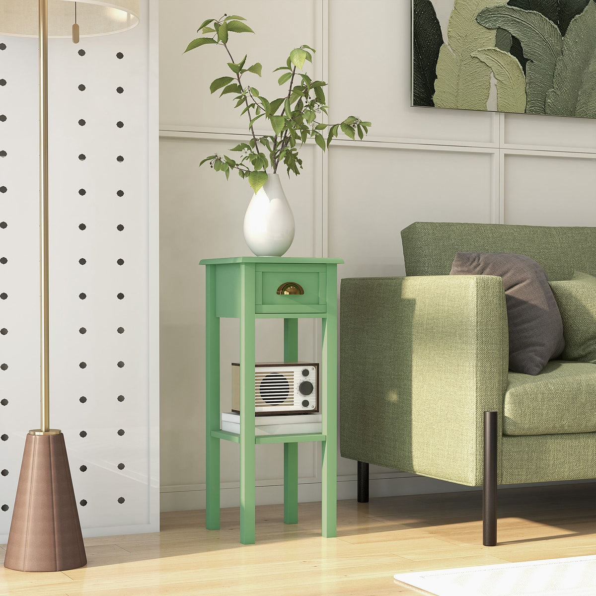 2-Tier Side Table with Drawer and Shelf, End Table for Living Room and Hallway, Green