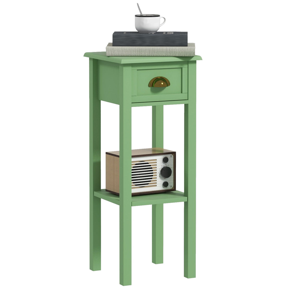 2-Tier Side Table with Drawer and Shelf, End Table for Living Room and Hallway, Green