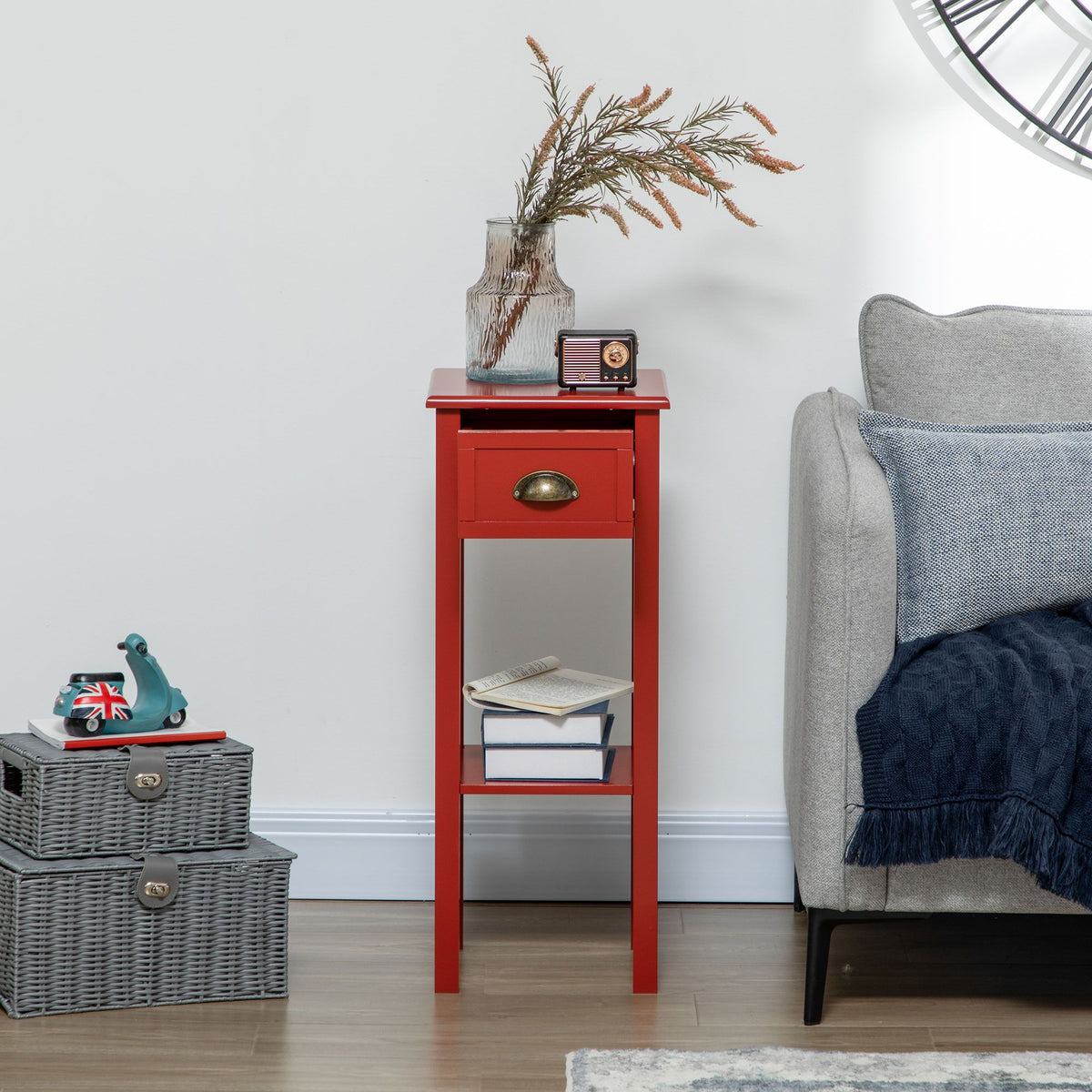 2-Tier Side Table with Drawer Narrow End Table Red for Living Room Bedroom