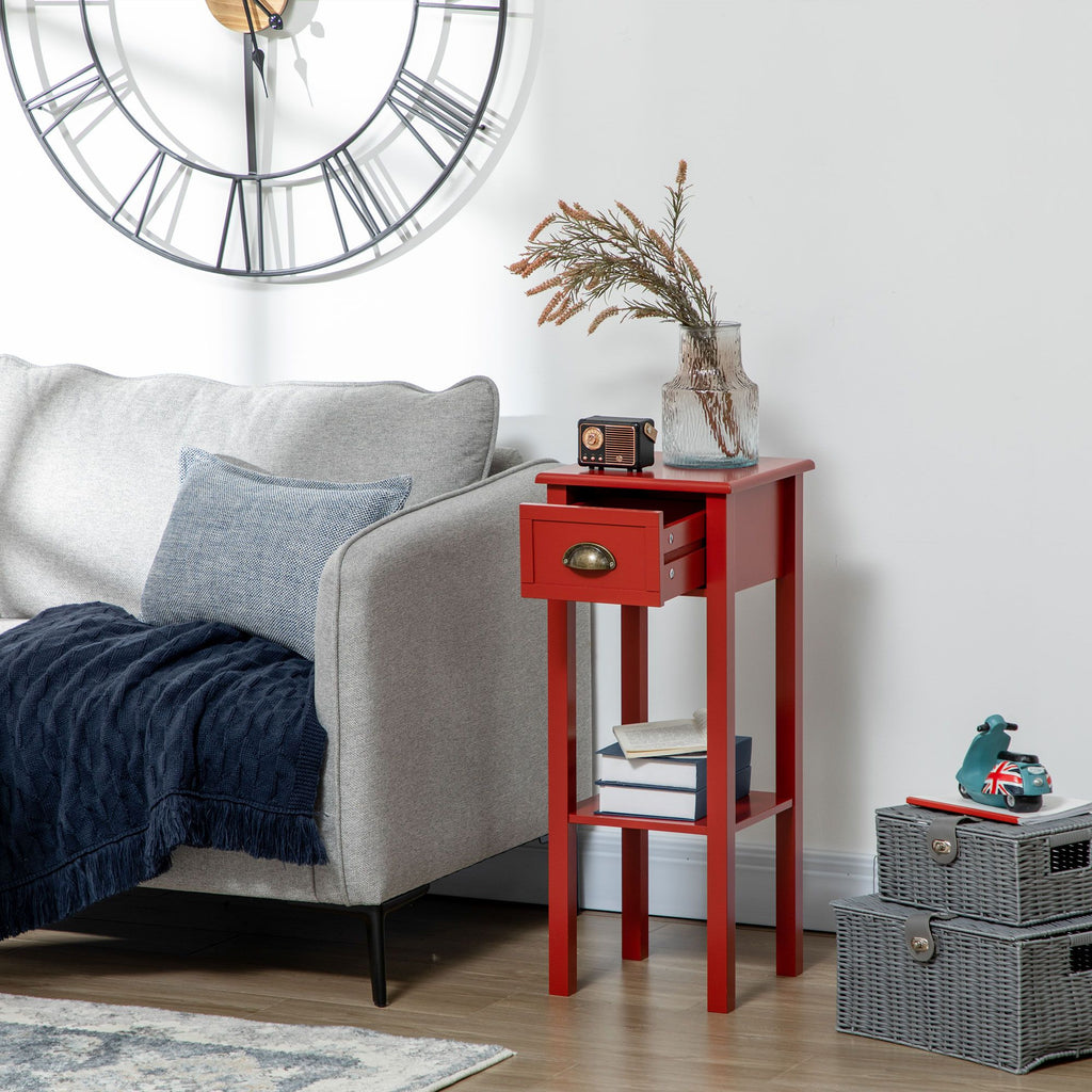 2-Tier Side Table with Drawer Narrow End Table Red for Living Room Bedroom