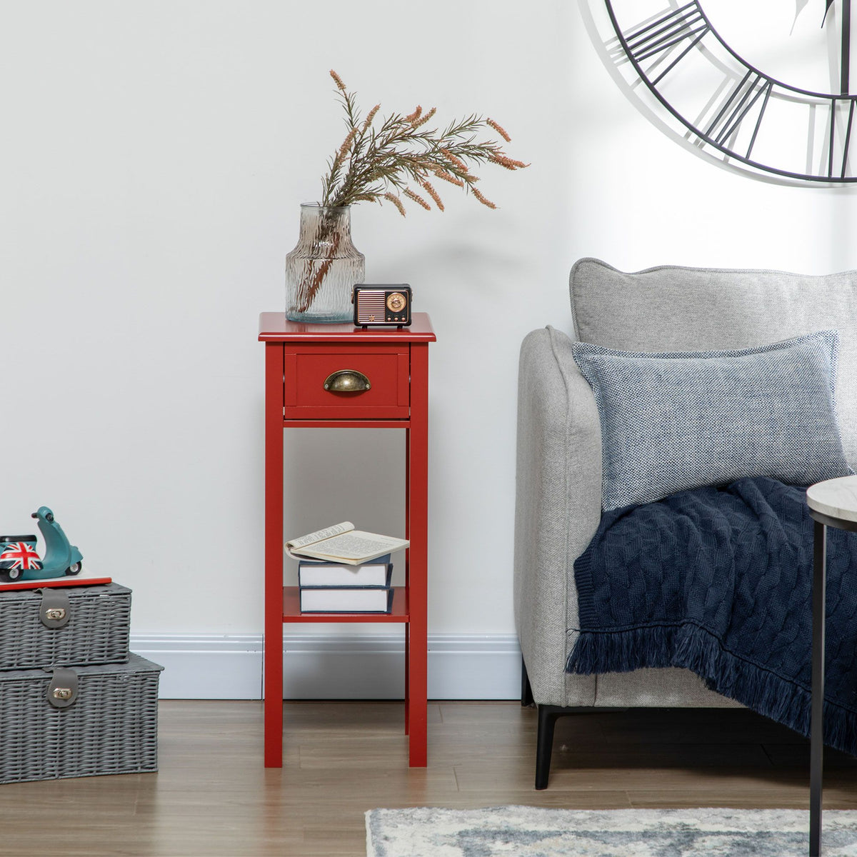 2-Tier Side Table with Drawer Narrow End Table Red for Living Room Bedroom