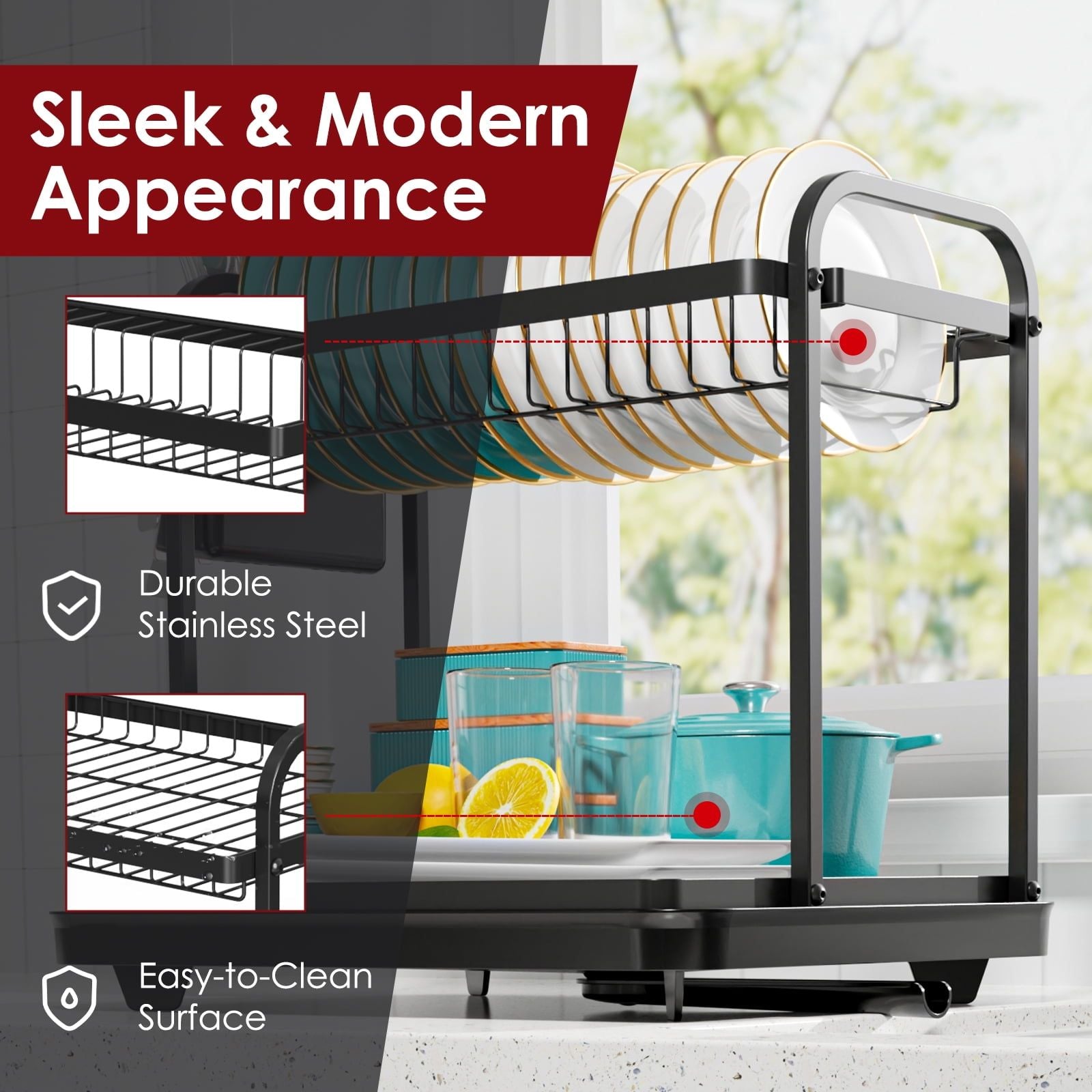 2-Tier Dish Rack for Kitchen Counter Organization