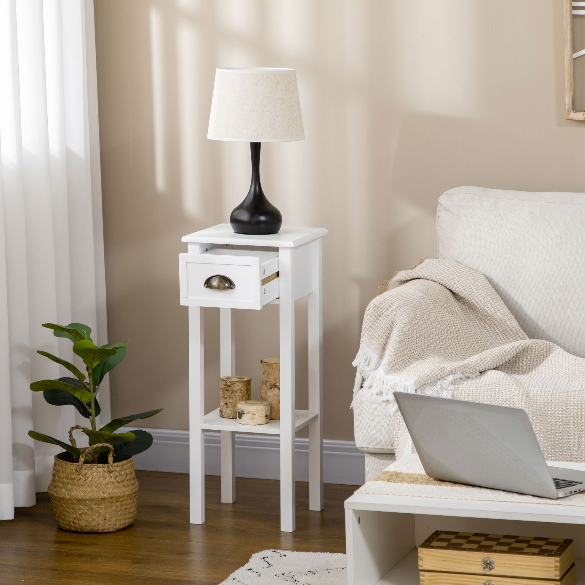 2-Tier Tall Side Table with Drawer, Narrow End Table for Space Saving, Slim Nightstand