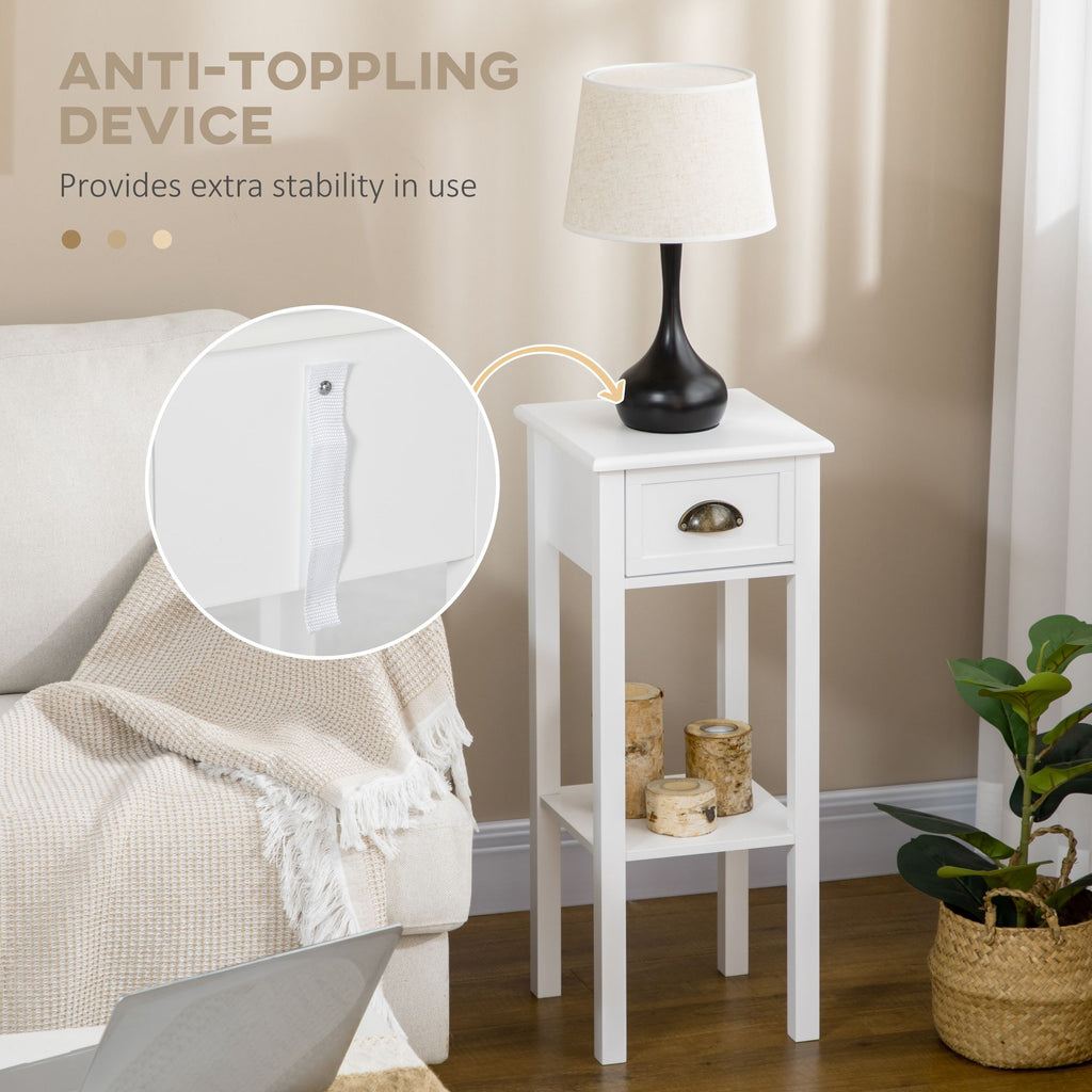 2-Tier Tall Side Table with Drawer, Narrow End Table for Space Saving, Slim Nightstand