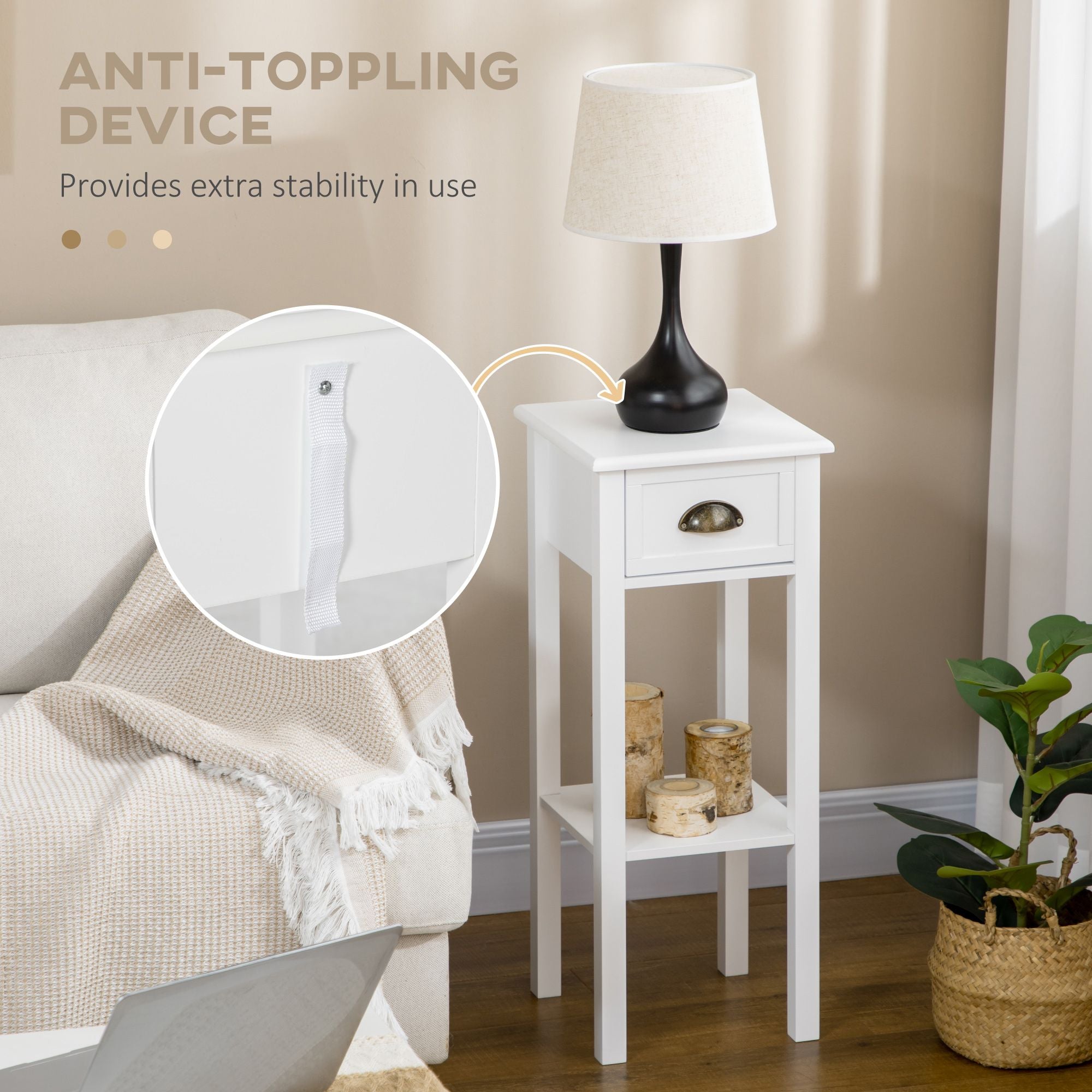 2-Tier Tall Side Table with Drawer, Narrow End Table for Space Saving, Slim Nightstand