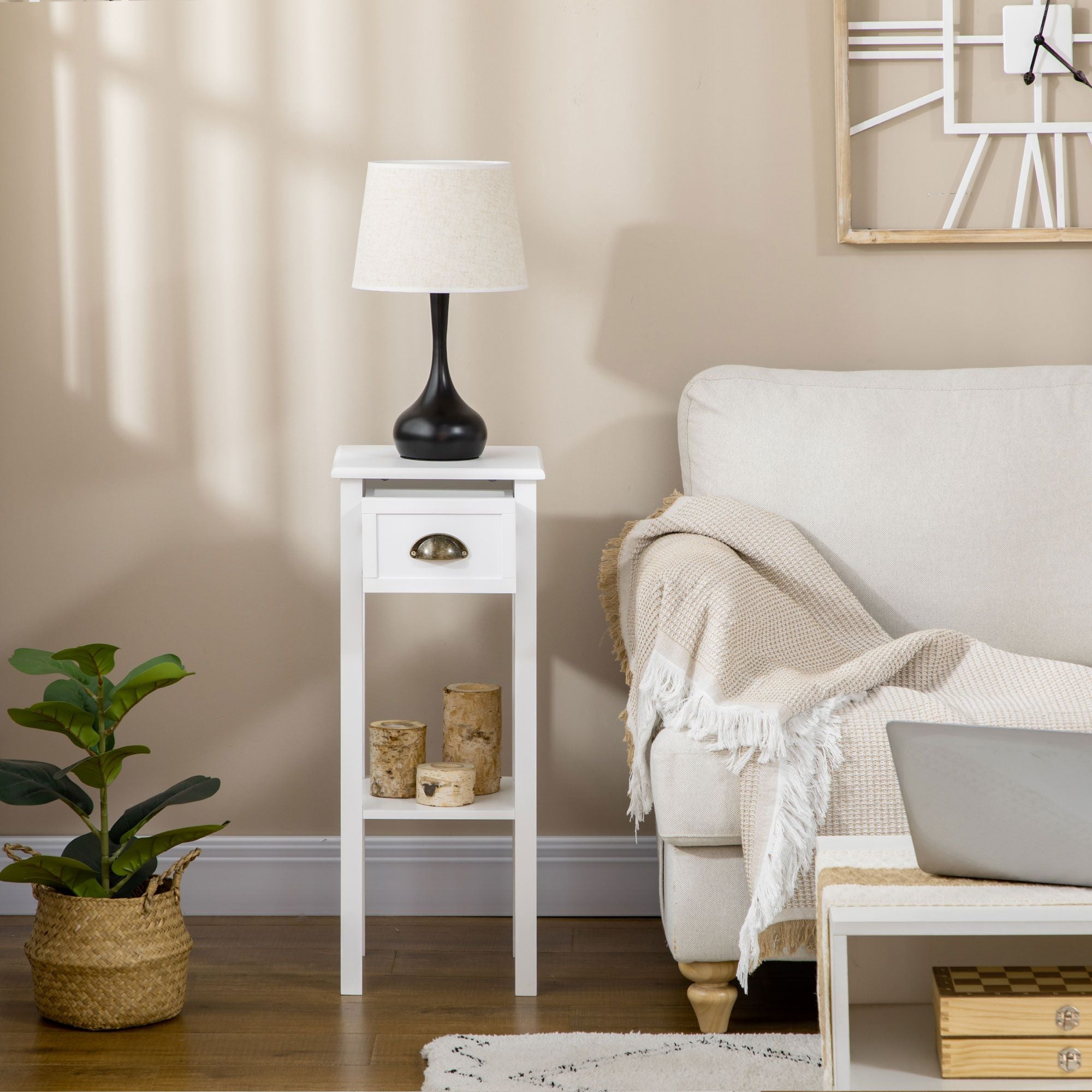 2-Tier Tall Side Table with Drawer, Narrow End Table for Space Saving, Slim Nightstand