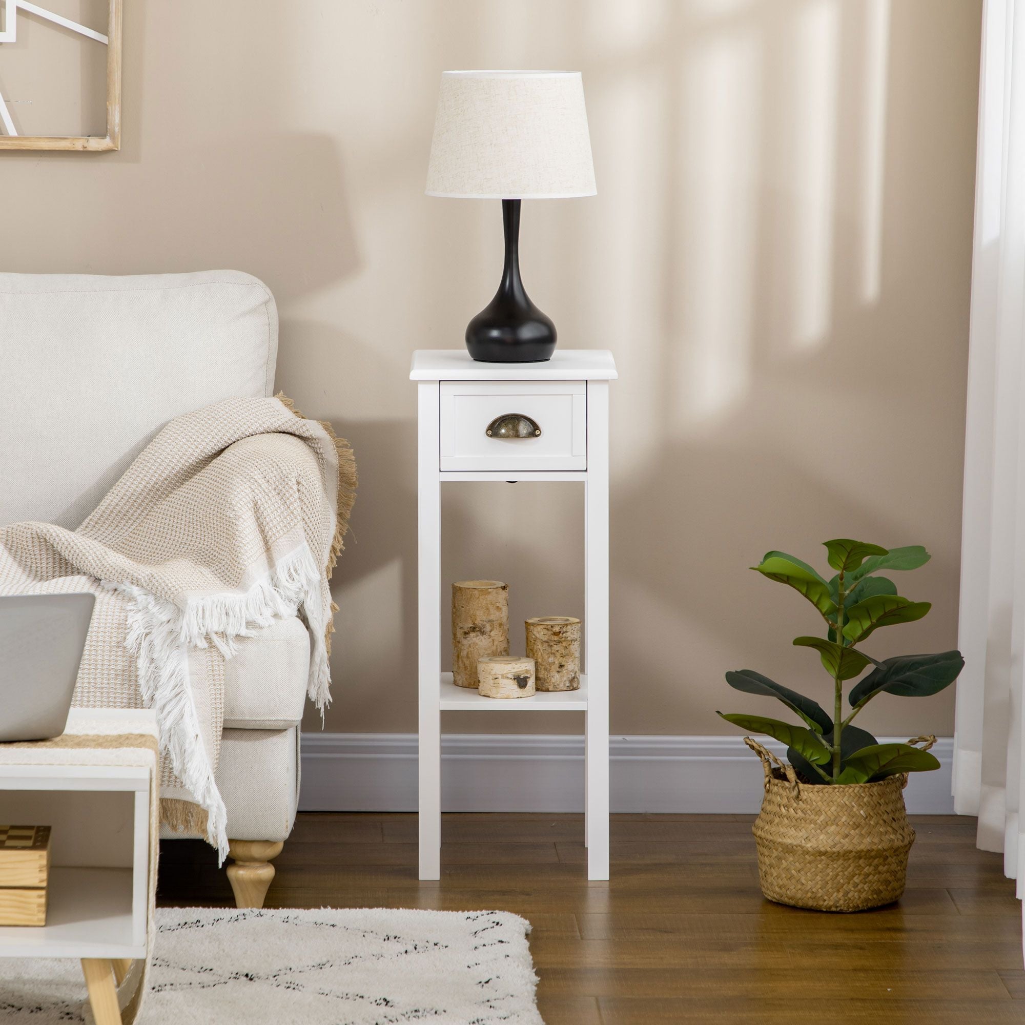 2-Tier Tall Side Table with Drawer, Narrow End Table for Space Saving, Slim Nightstand