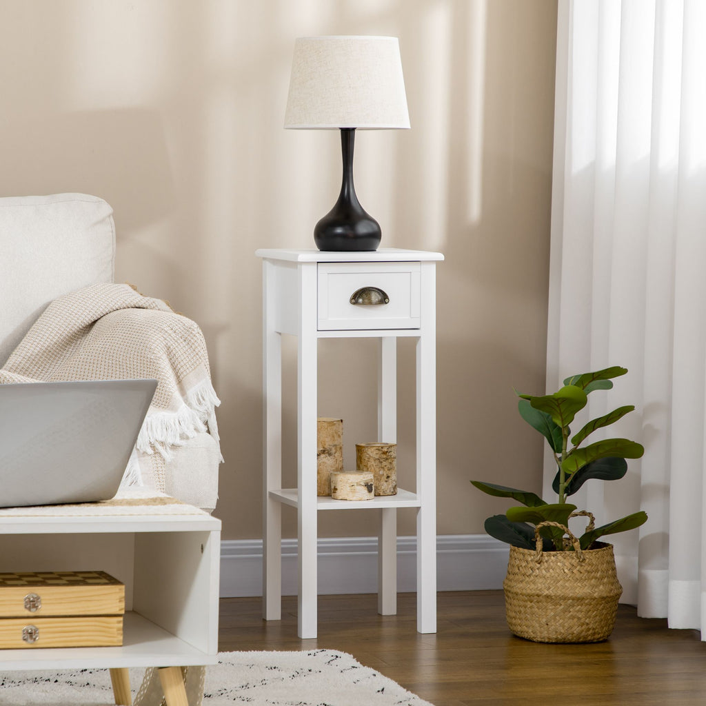 2-Tier Tall Side Table with Drawer, Narrow End Table for Space Saving, Slim Nightstand