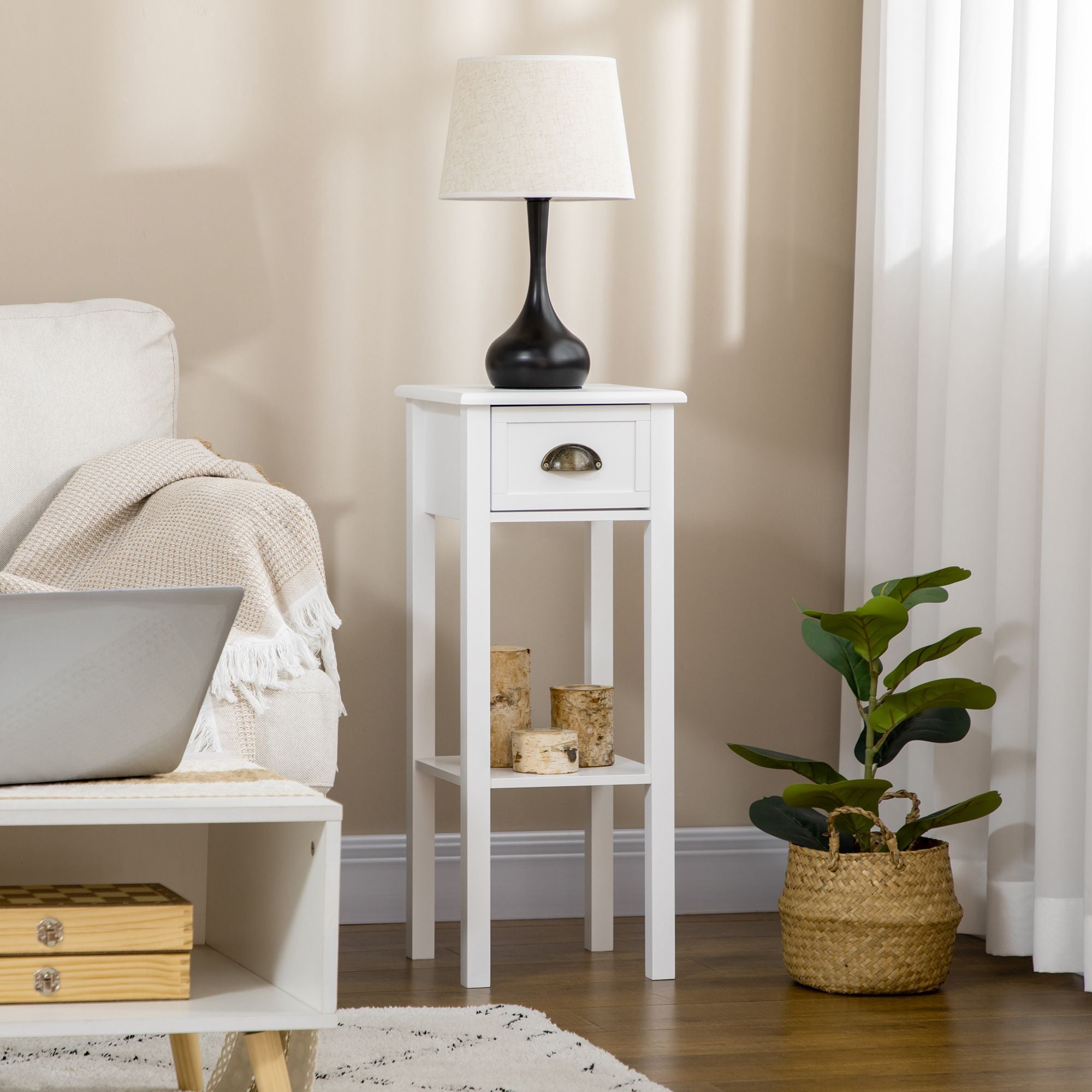 2-Tier Tall Side Table with Drawer, Narrow End Table for Space Saving, Slim Nightstand