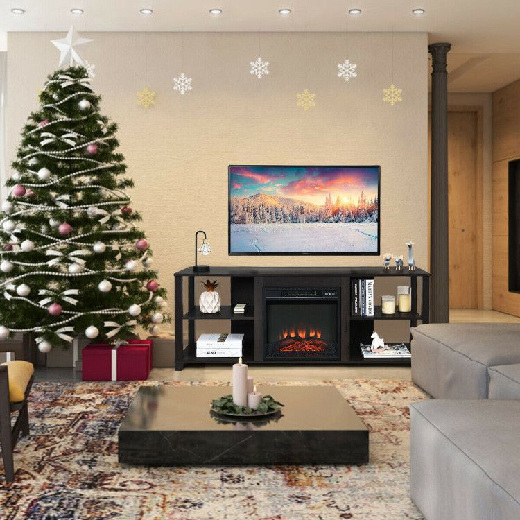 2-Tier TV Cabinet with Adjustable Shelves and Fireplace Opening