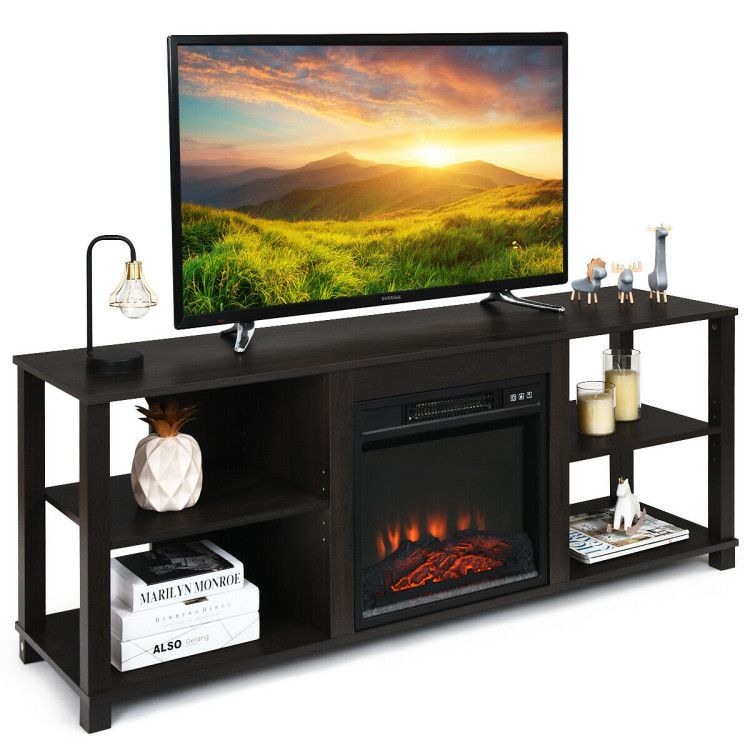 2-Tier TV Cabinet with Adjustable Shelves and Fireplace Opening