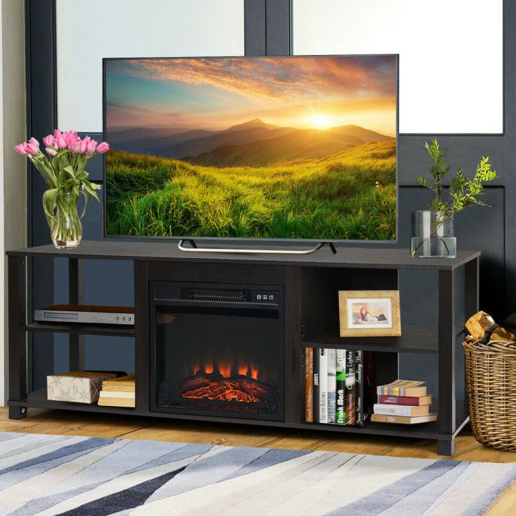 2-Tier TV Cabinet with Adjustable Shelves and Fireplace Opening