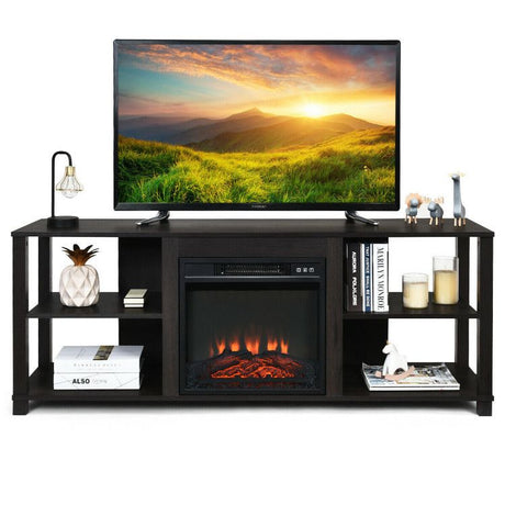 2-Tier TV Cabinet with Adjustable Shelves and Fireplace Opening