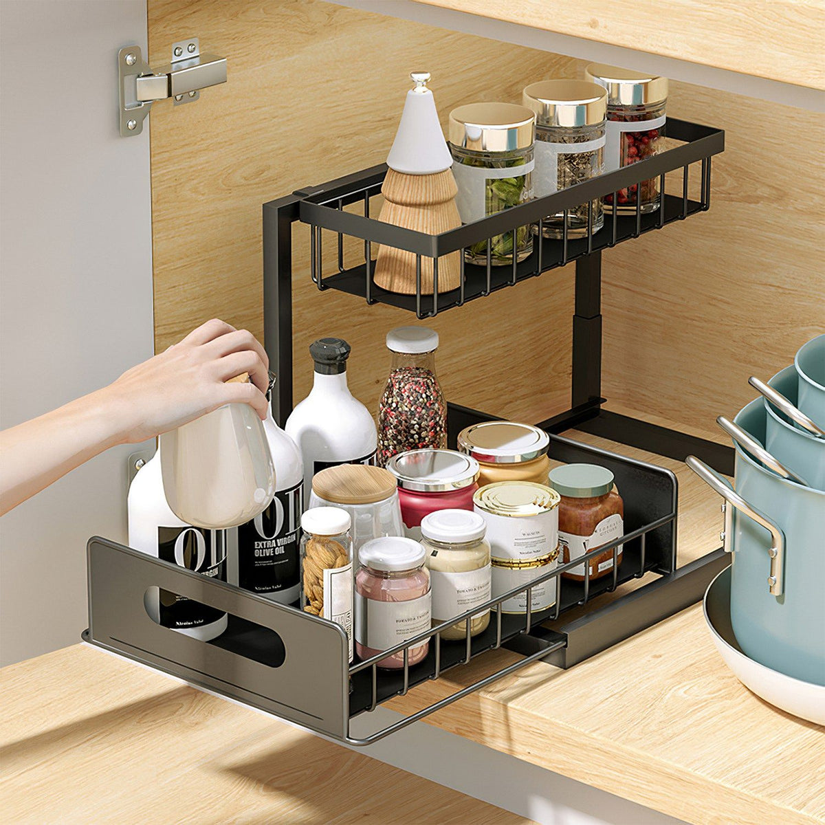 2 Tier Under Sink Organizer with Sliding Drawer for Kitchen and Bathroom