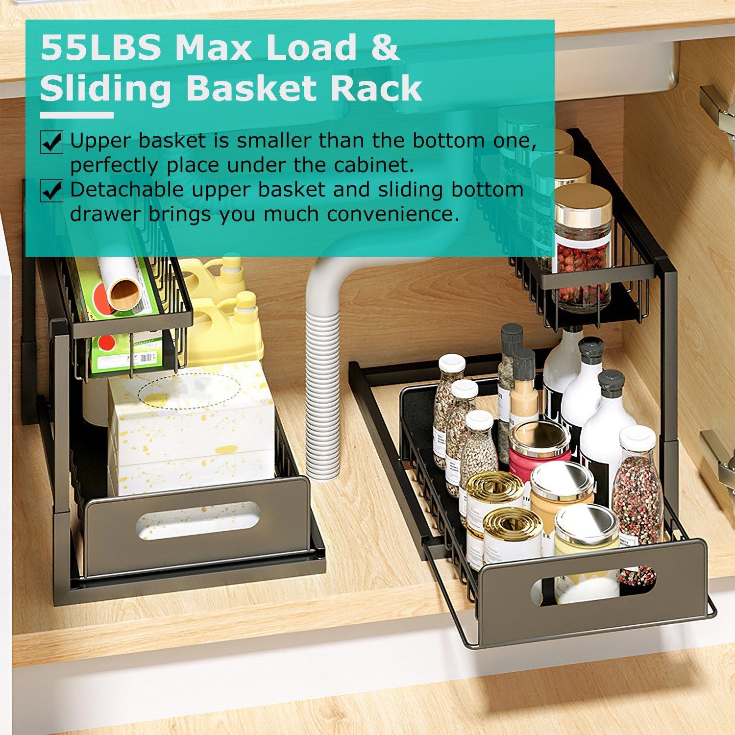 2-Tier Under Sink Organizer with Pull-Out Drawers – Carbon Steel