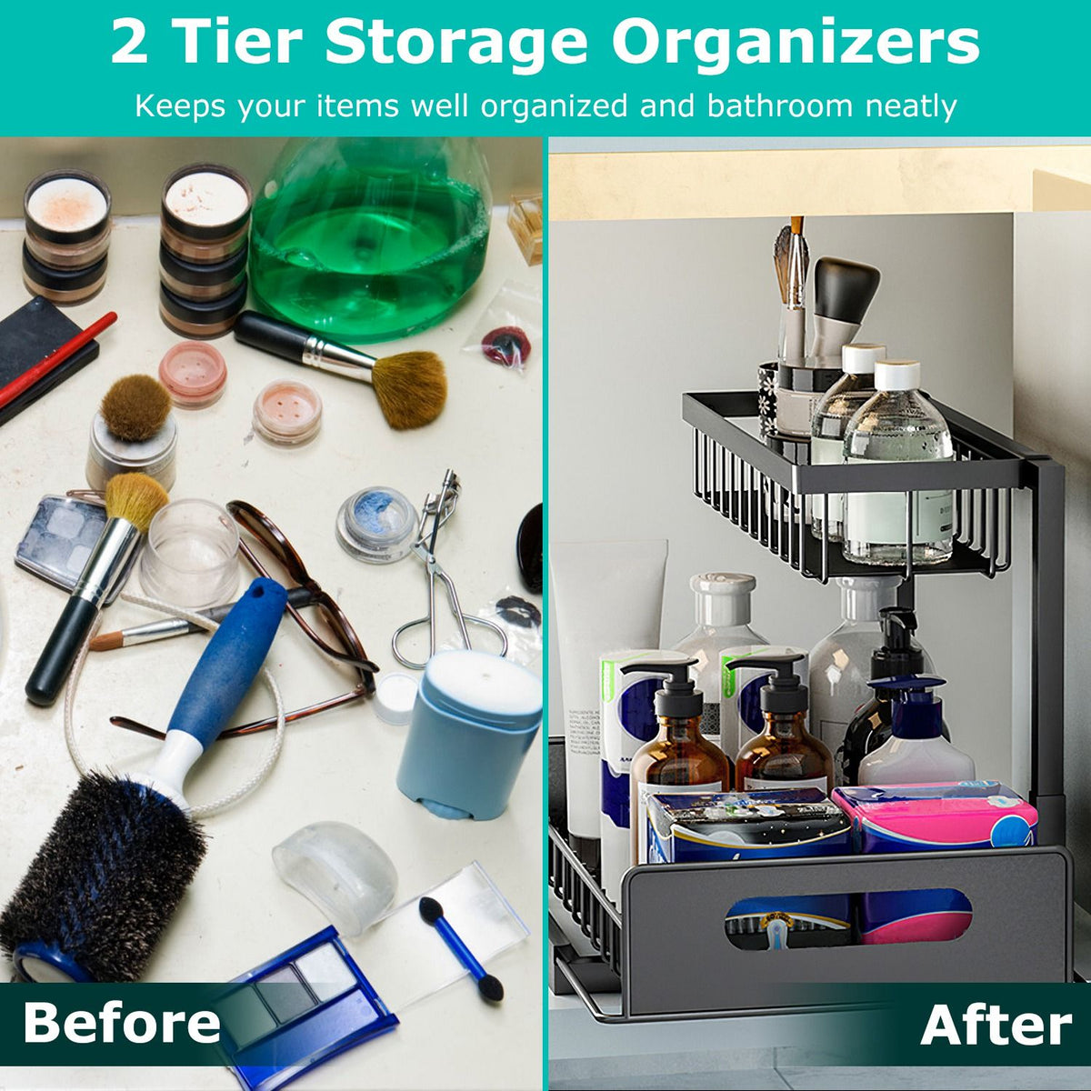 2 Tier Under Sink Organizer with Sliding Drawer for Kitchen and Bathroom