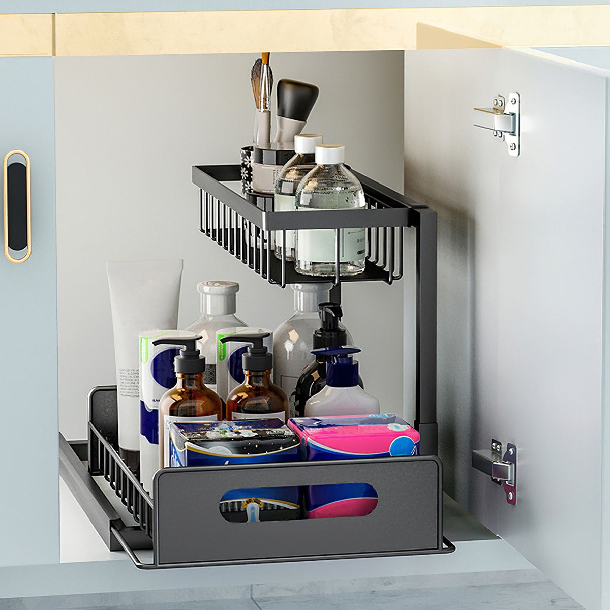 2 Tier Under Sink Organizer with Sliding Drawer for Kitchen and Bathroom