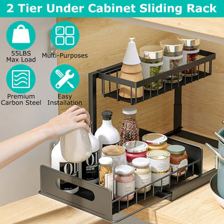 2 Tier Under Sink Organizer with Sliding Drawer for Kitchen and Bathroom