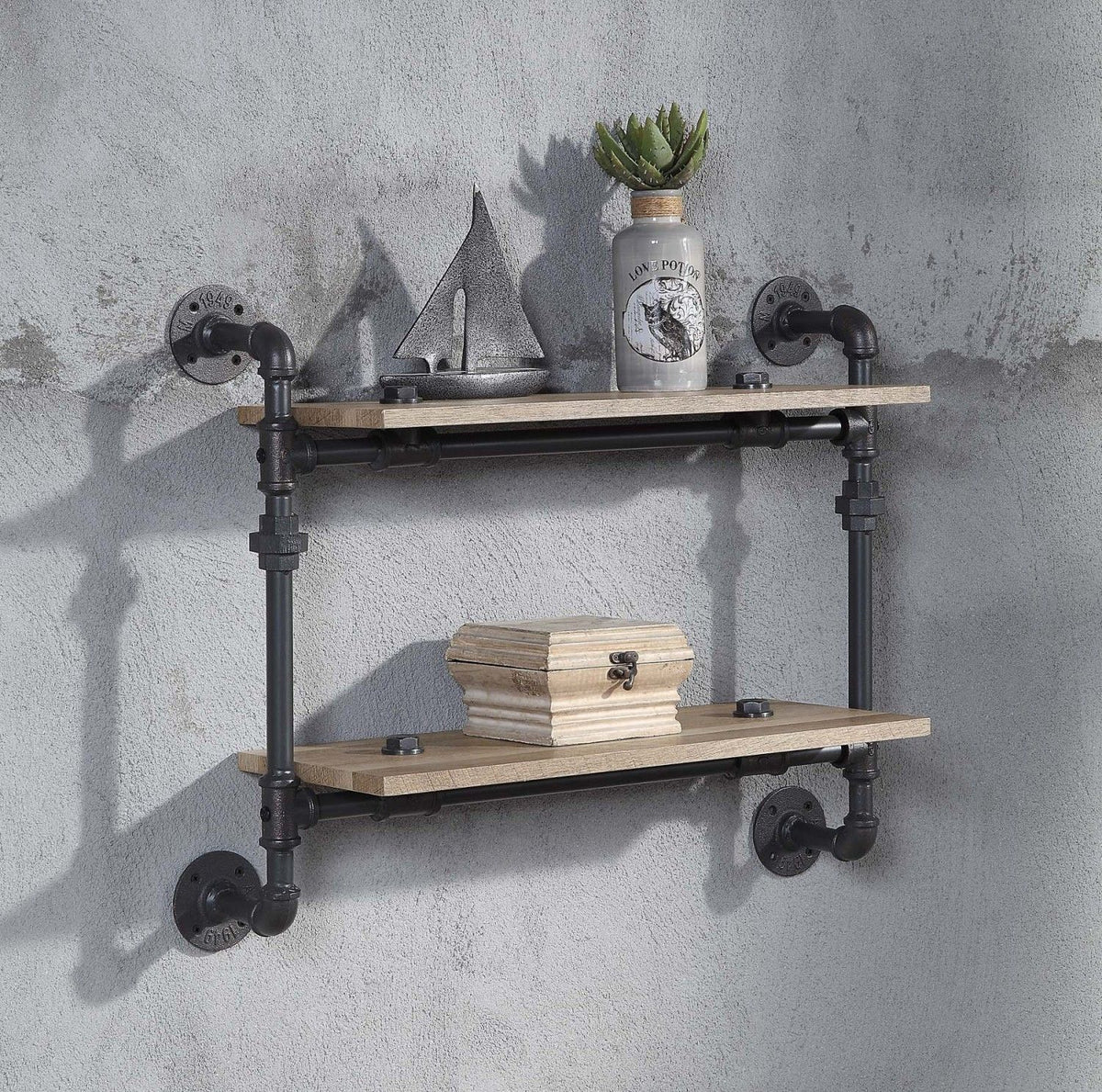 Two-Tier Pipe-Style Wall Shelf for Farmhouse Industrial Rooms