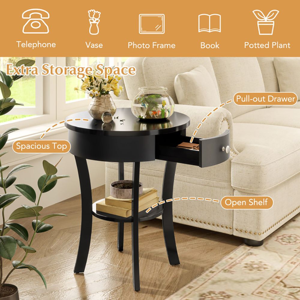 Classic Round End Table with Shelf and Drawer