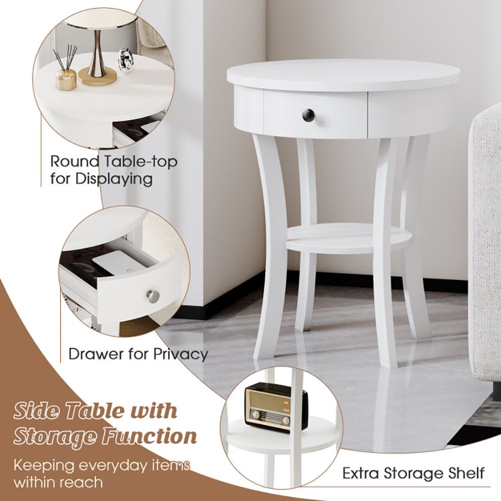 Classic Round End Table with Shelf and Drawer