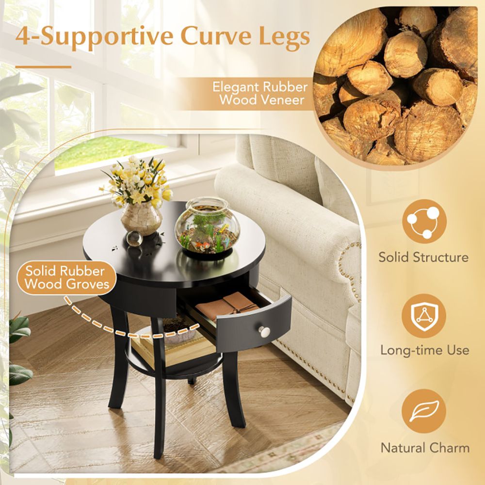 Classic Round End Table with Shelf and Drawer
