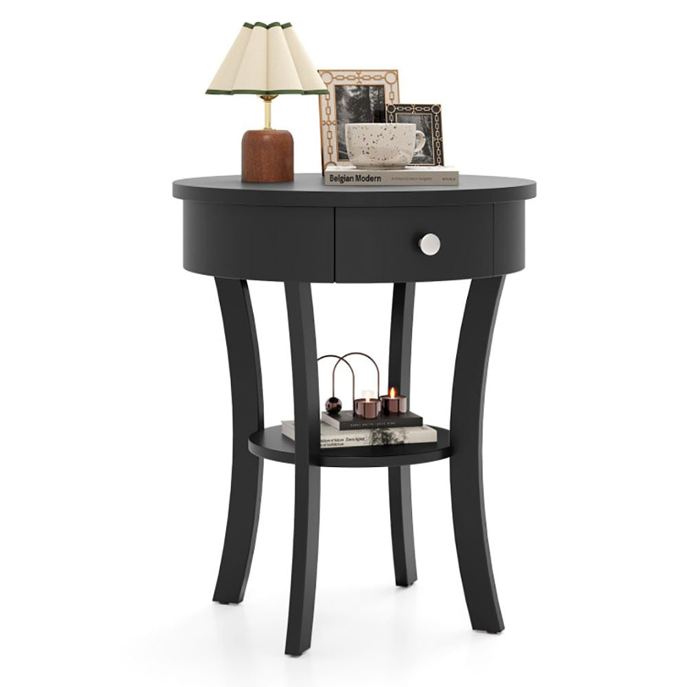 Classic Round End Table with Shelf and Drawer