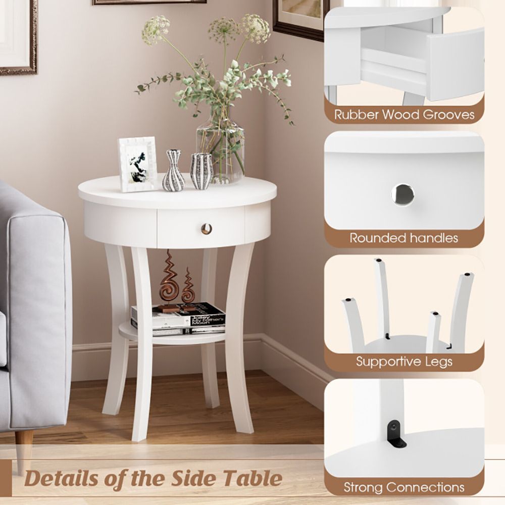 Classic Round End Table with Shelf and Drawer