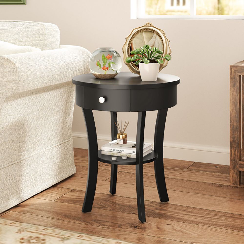Classic Round End Table with Shelf and Drawer