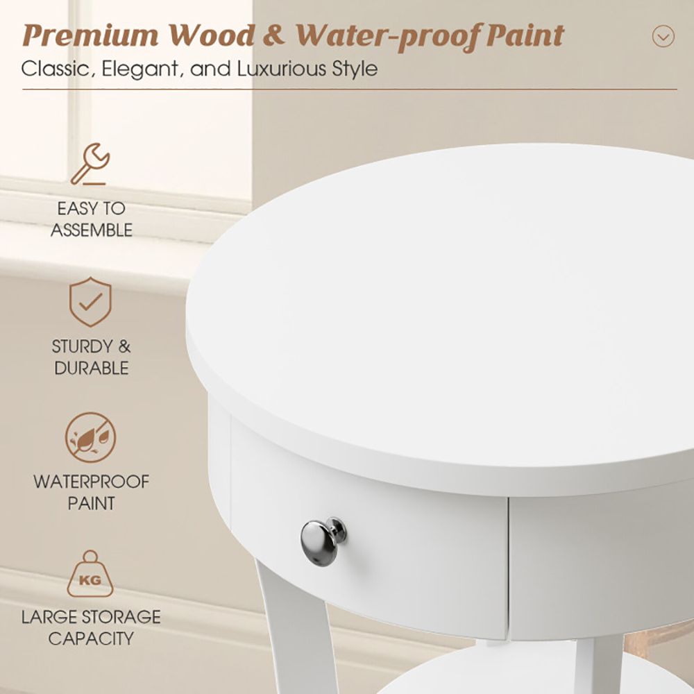 Classic Round End Table with Shelf and Drawer