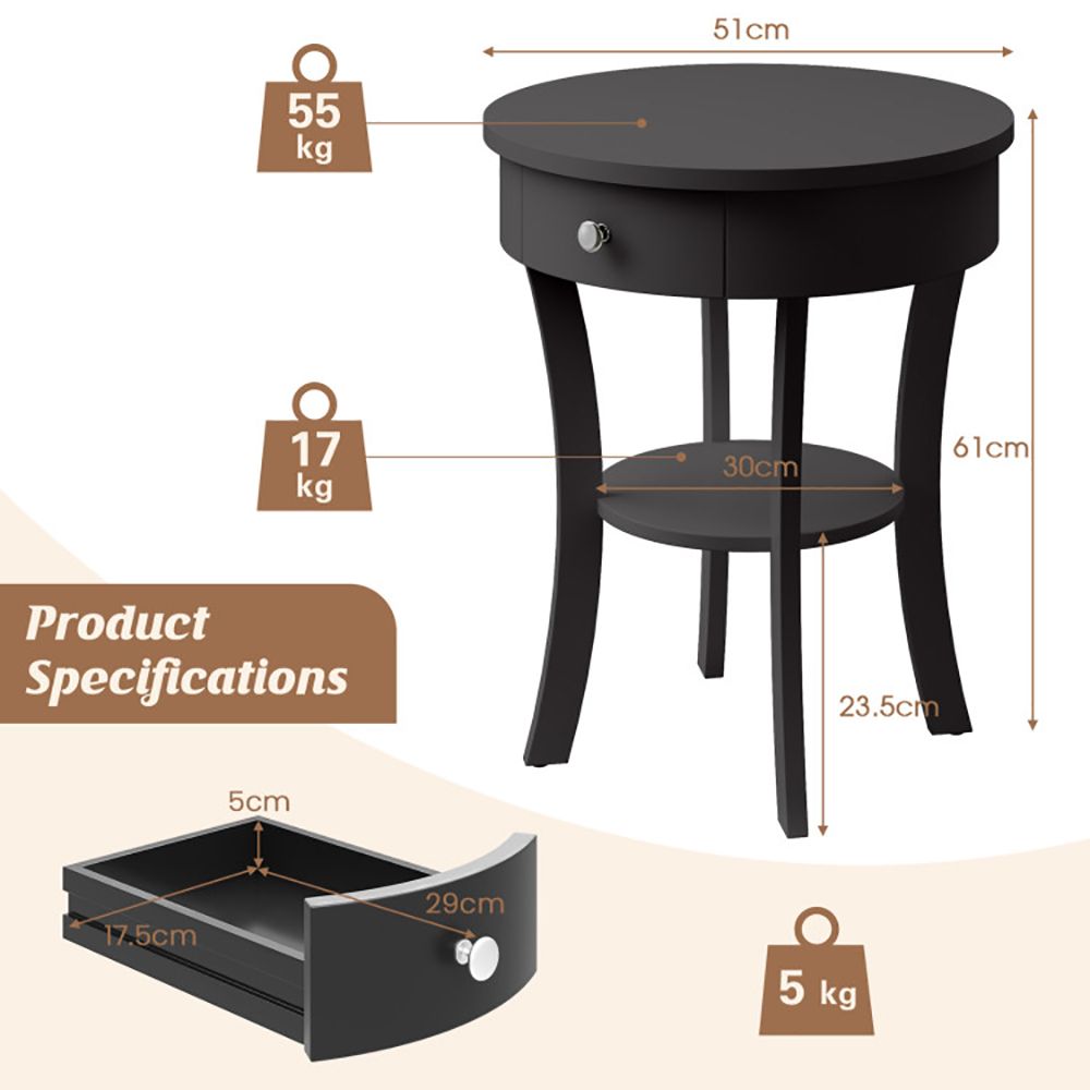 Classic Round End Table with Shelf and Drawer