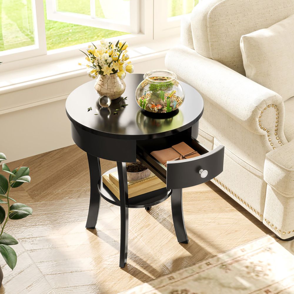 Classic Round End Table with Shelf and Drawer