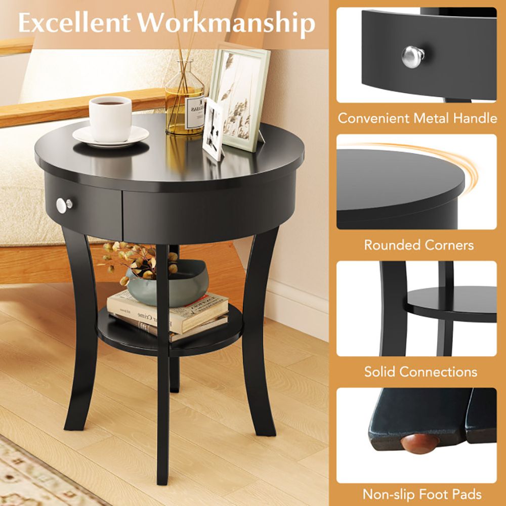 Classic Round End Table with Shelf and Drawer
