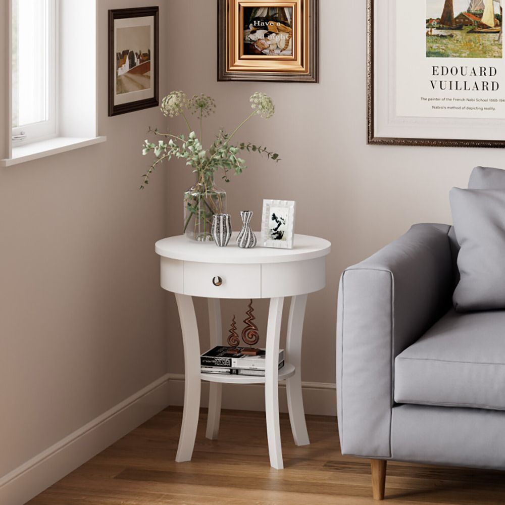 Classic Round End Table with Shelf and Drawer