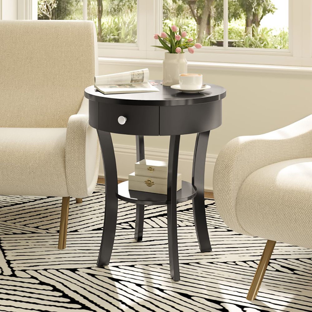 Classic Round End Table with Shelf and Drawer