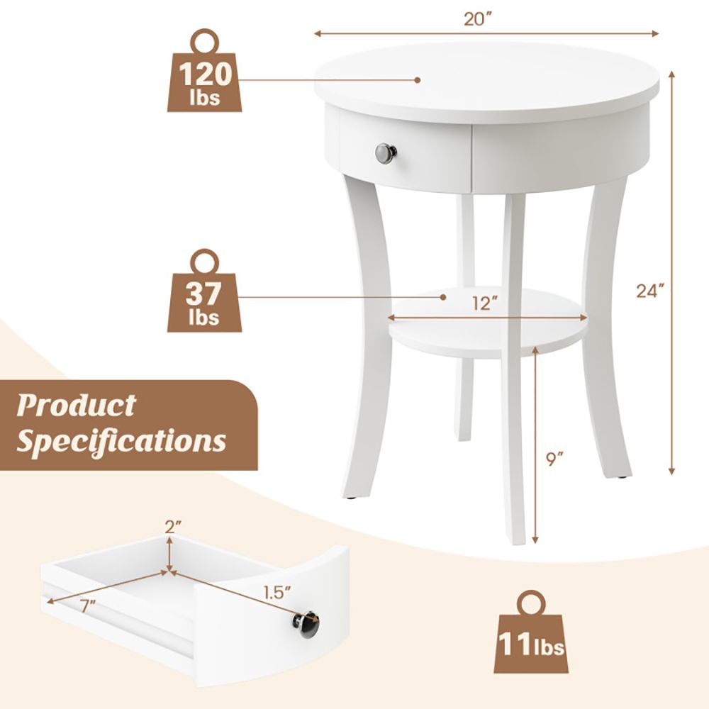 Classic Round End Table with Shelf and Drawer