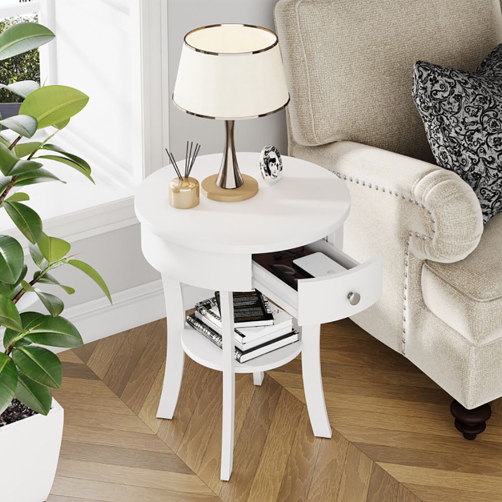 Classic Round End Table with Shelf and Drawer