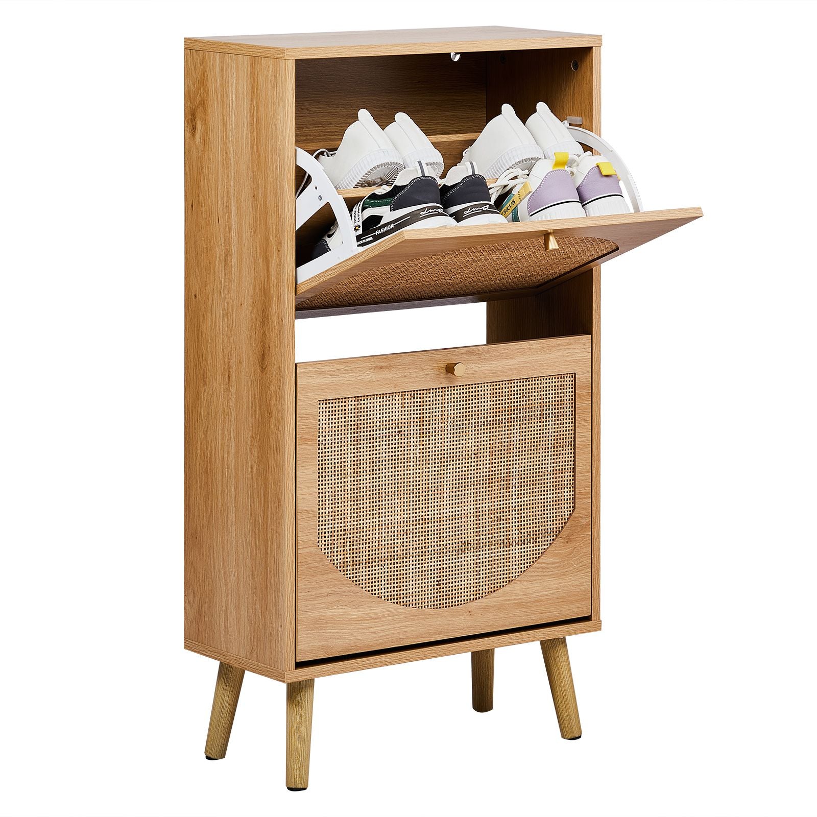 Flip-Door Shoe Cabinet with Arched Rattan Fronts – Natural Wood Finish