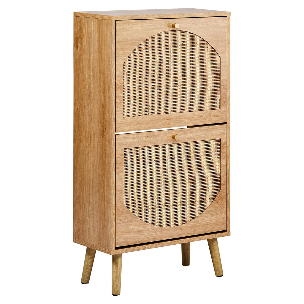 Flip-Door Shoe Cabinet with Arched Rattan Fronts – Natural Wood Finish