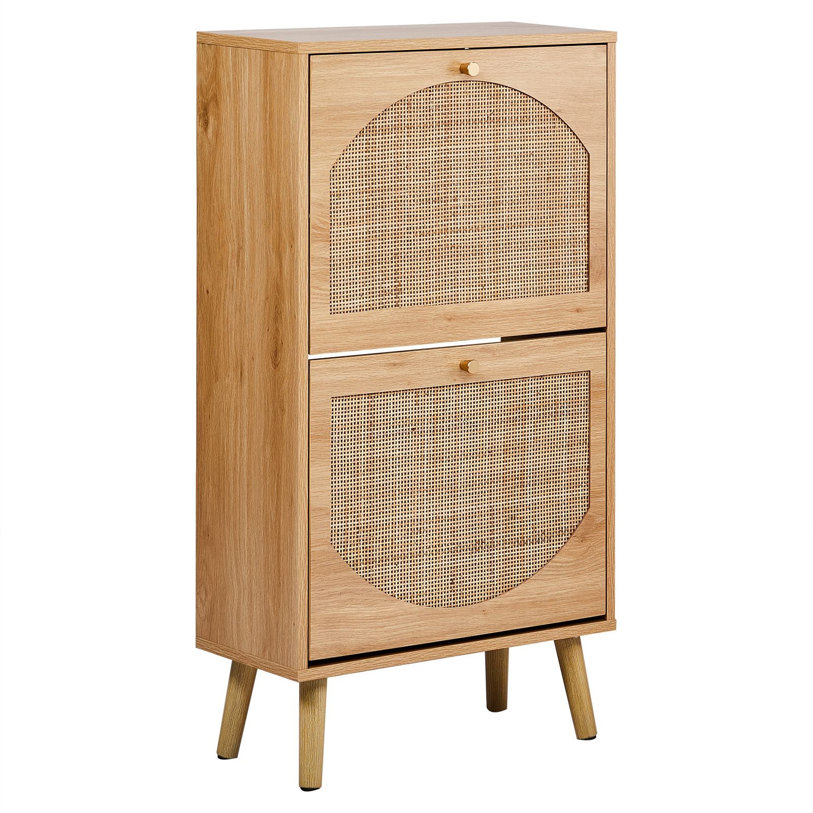 Flip-Door Shoe Cabinet with Arched Rattan Fronts – Natural Wood Finish
