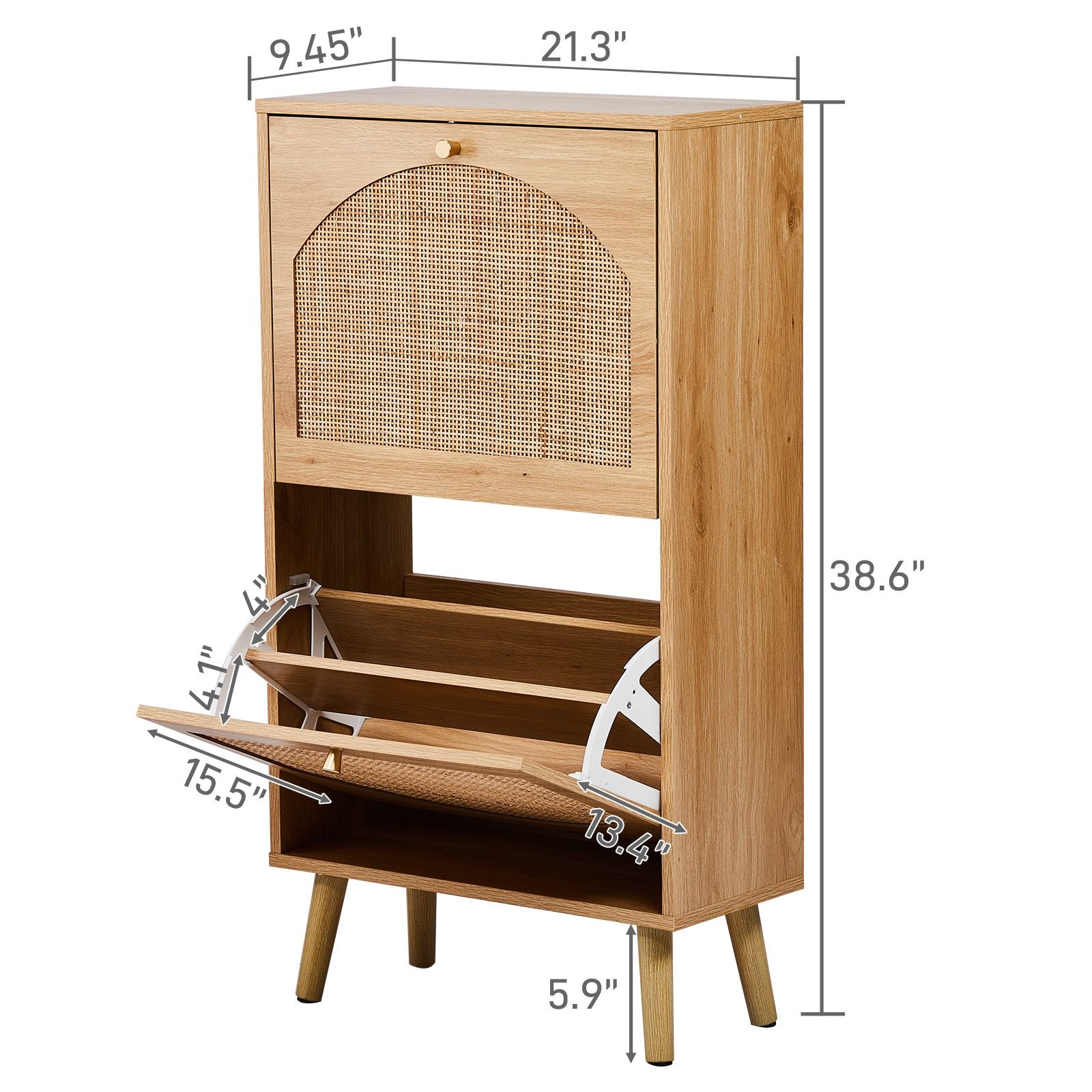 Flip-Door Shoe Cabinet with Arched Rattan Fronts – Natural Wood Finish