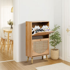 Flip-Door Shoe Cabinet with Arched Rattan Fronts – Natural Wood Finish